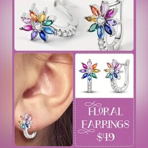 Floral Huggie Earrings with colorful Swarovski crystals and sterling plated BNIB
